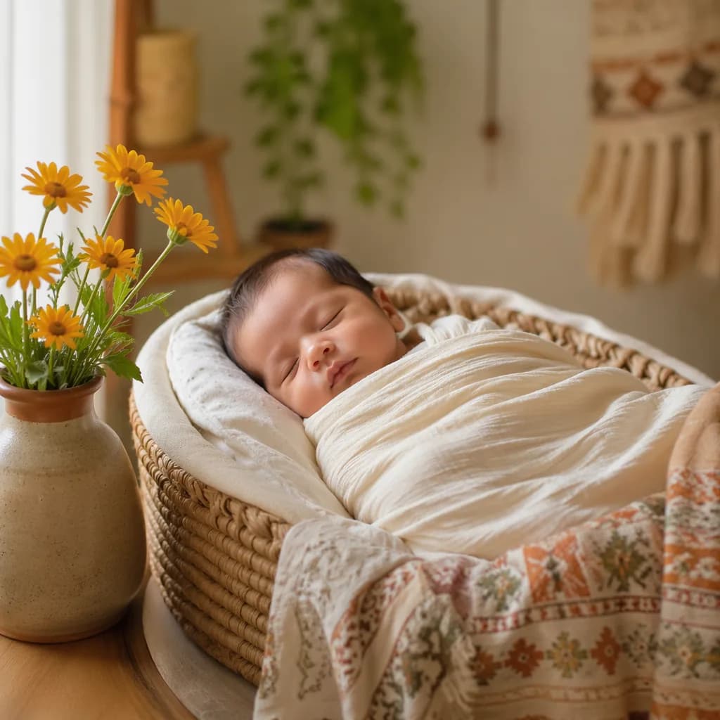 A softly lit nursery with a swaddled sleeping baby and warm yellow flowers.