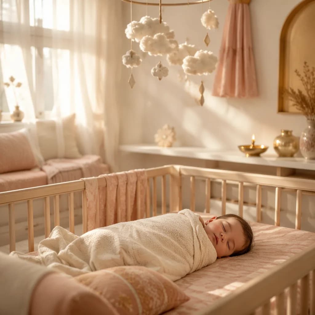 A peaceful Punjabi-inspired nursery with a sleeping swaddled baby in soft golden light.