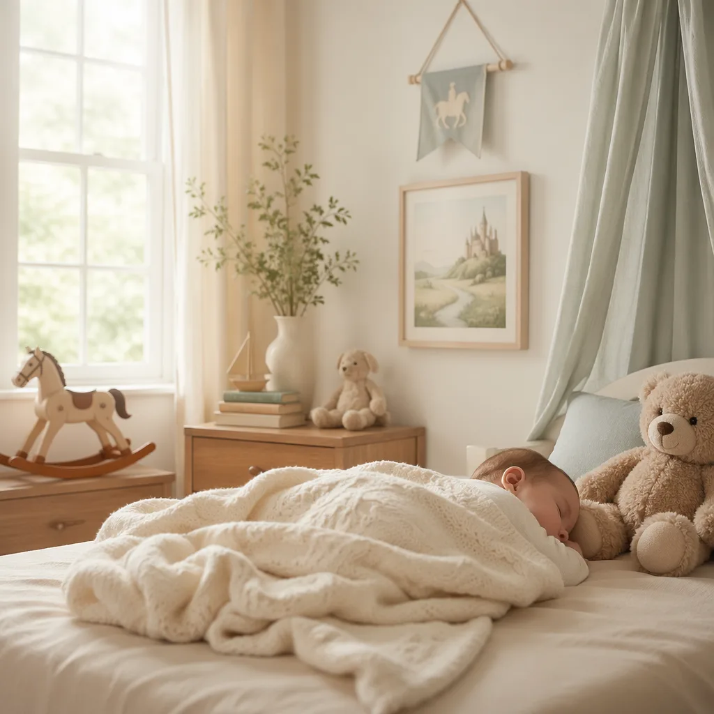 Sleeping baby in a soft pastel nursery with a teddy bear and cozy blankets.