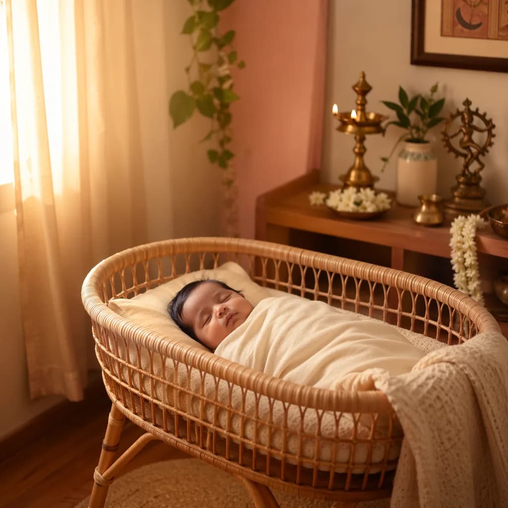 Sleeping Tamil baby in a softly lit nursery with jasmine flowers and a brass lamp.