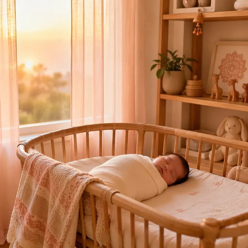 Sleeping baby in a cozy nursery lit by soft peach dawn light.