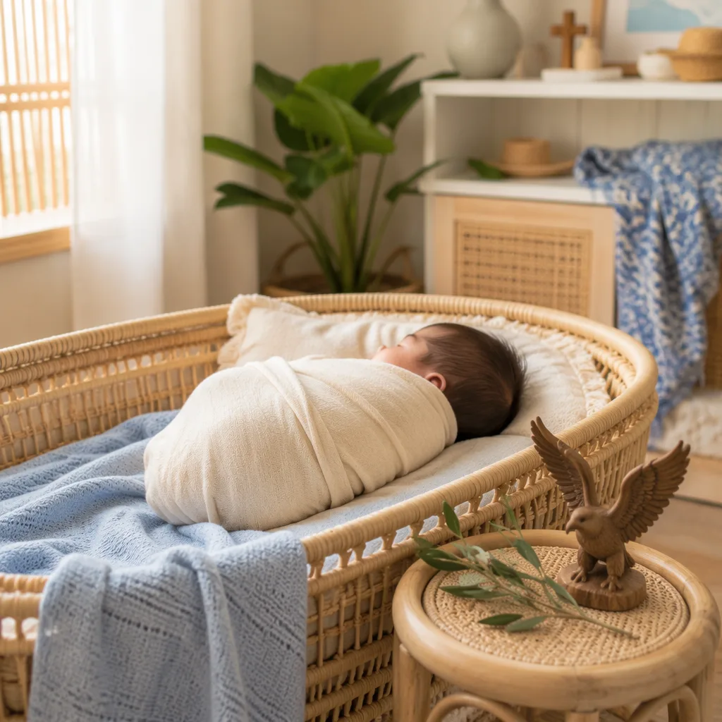 A swaddled Filipino newborn resting in a cozy pastel nursery with soft natural light and woven accents.