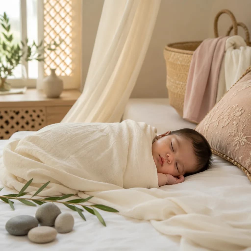 A peaceful baby sleeping in a warm pastel nursery with soft South Asian-inspired details.