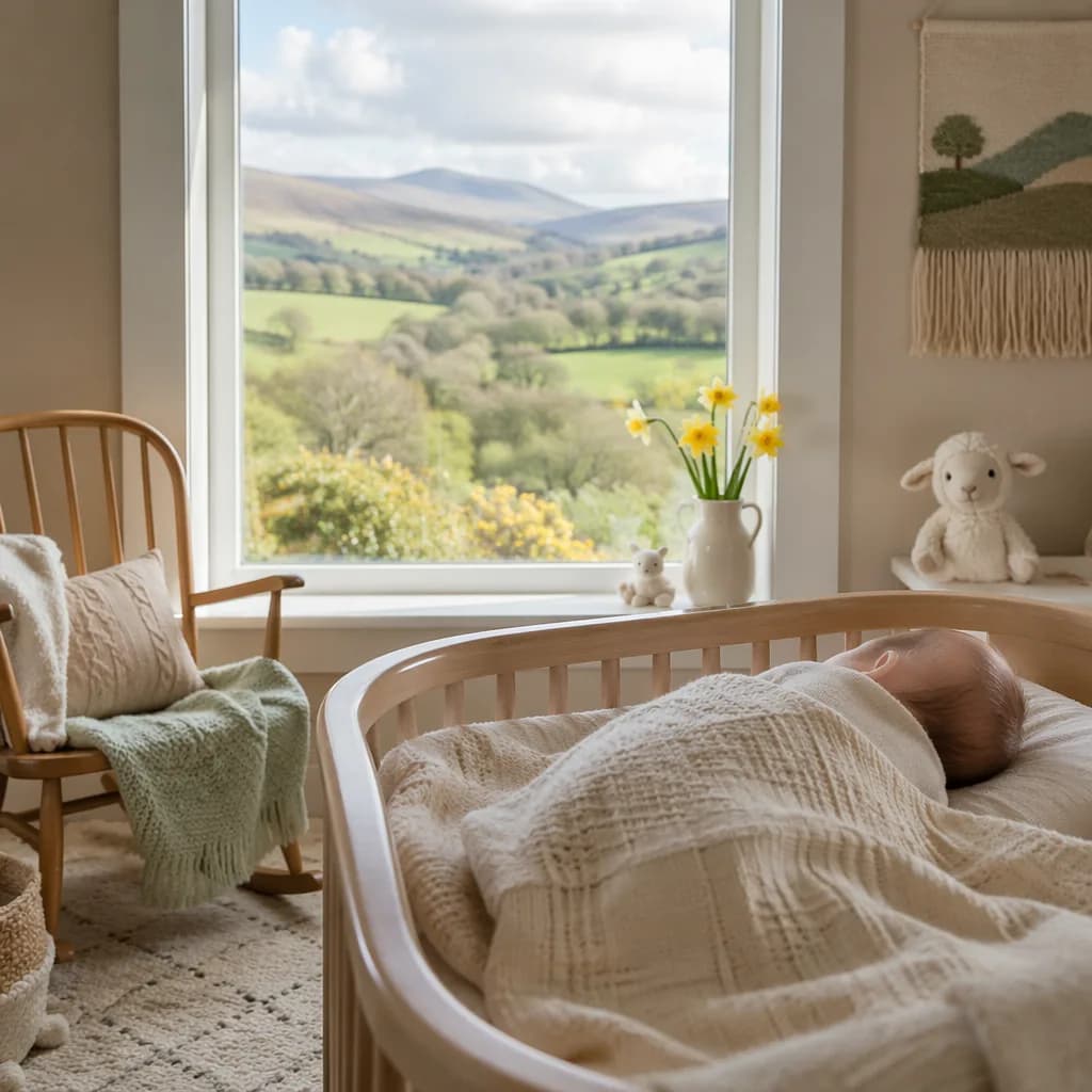 A softly lit Welsh-inspired nursery with a sleeping baby, daffodils, and rolling hills outside the window.