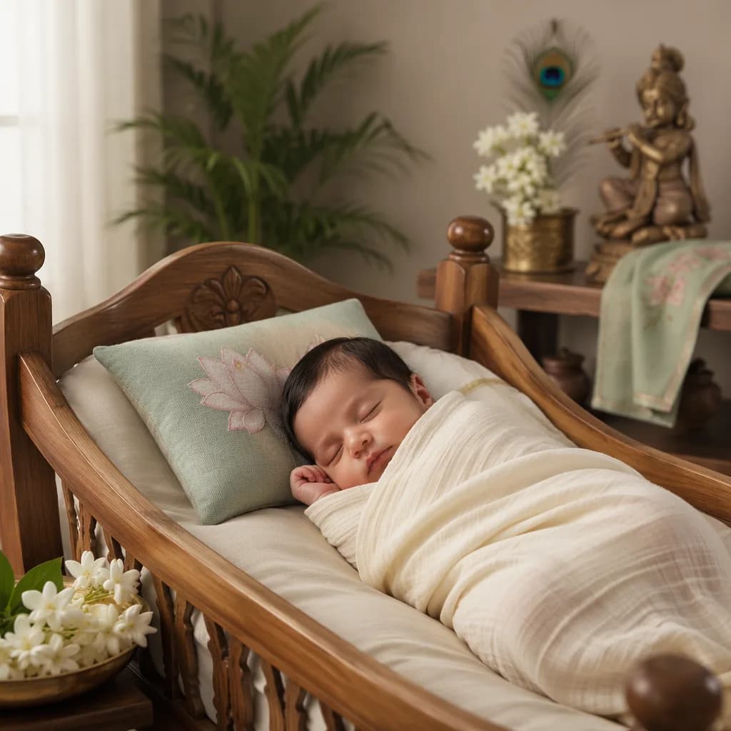 Sleeping baby in a soft pastel nursery with lotus, jasmine, and peacock feather details.