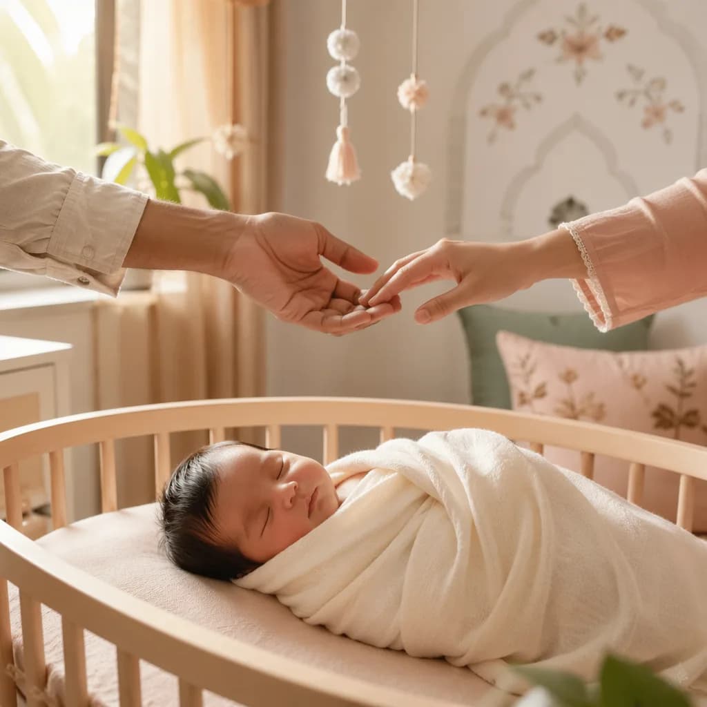 Sleeping newborn in a cozy pastel nursery with gentle hands nearby.