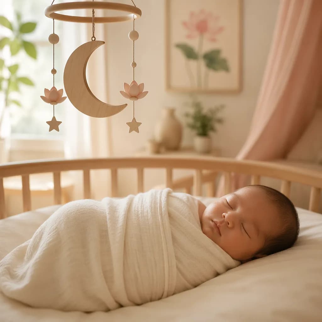 Sleeping swaddled baby in a soft pastel nursery with a moon mobile and lotus decor.