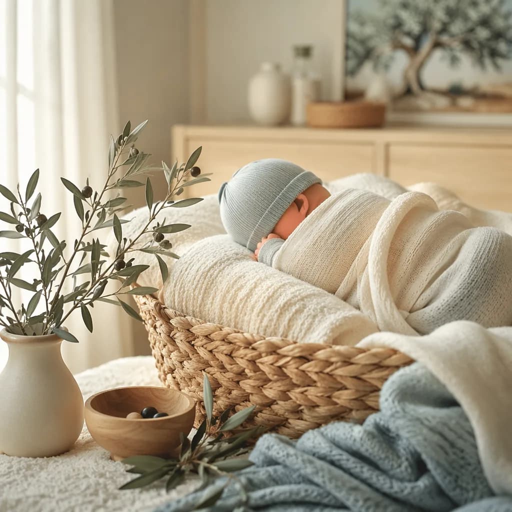A peaceful newborn in a soft Hebrew-inspired nursery with olive branches and cozy pastel decor.