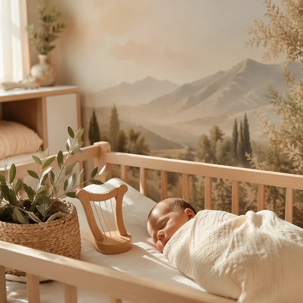 Sleeping baby in a soft pastel nursery with Hebrew-inspired harp and mountain details