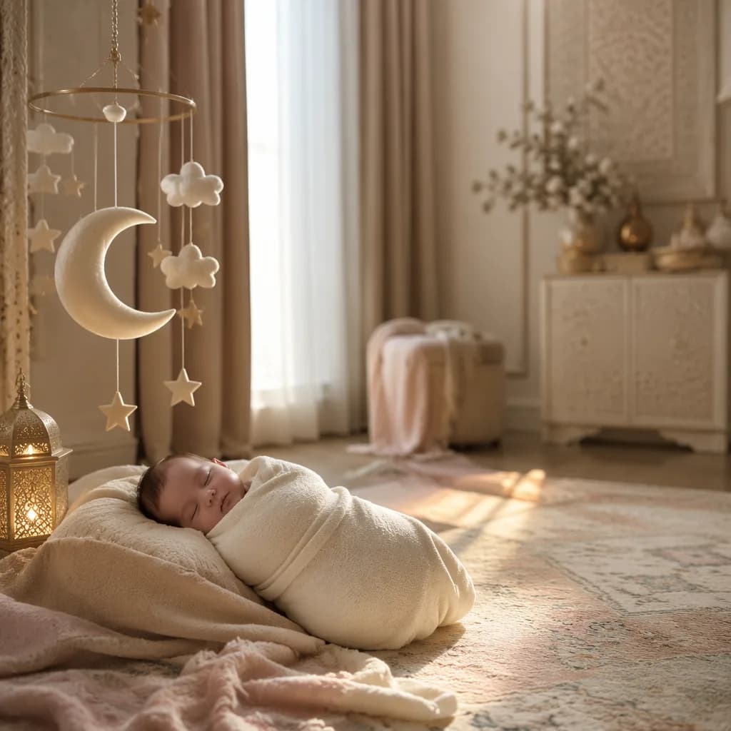 A peaceful baby nursery with a sleeping swaddled baby, crescent mobile, and warm lantern light.