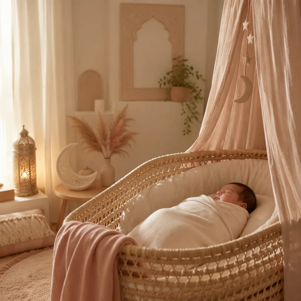 Sleeping baby in a warm pastel Arabic-inspired nursery.