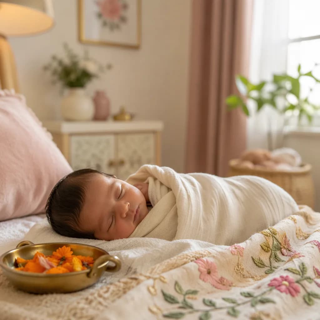 Sleeping newborn in a soft Punjabi-inspired nursery with warm pastel light and blessing details.