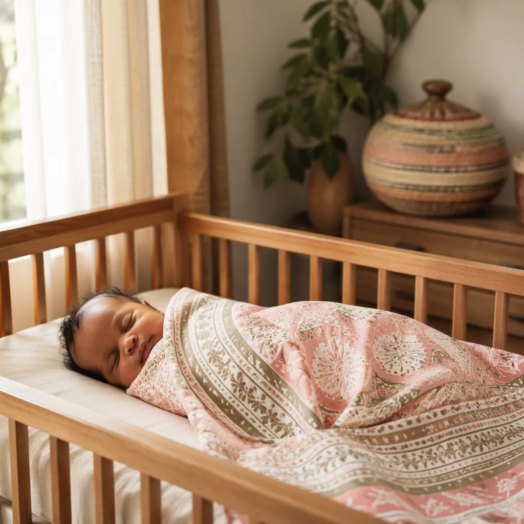 Sleeping baby in a soft Swahili-inspired nursery with warm natural light.