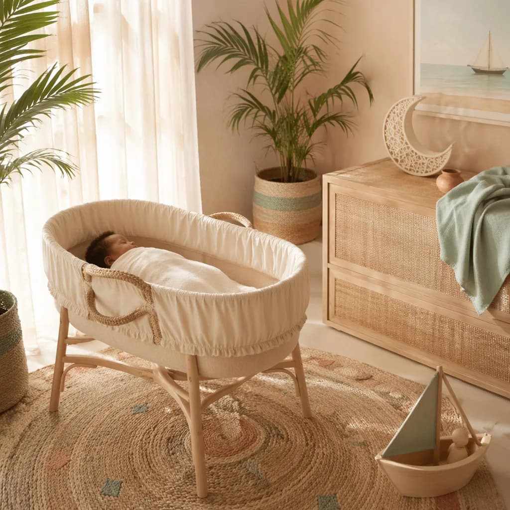 Sleeping baby in a soft Swahili coastal-inspired nursery with warm pastel decor