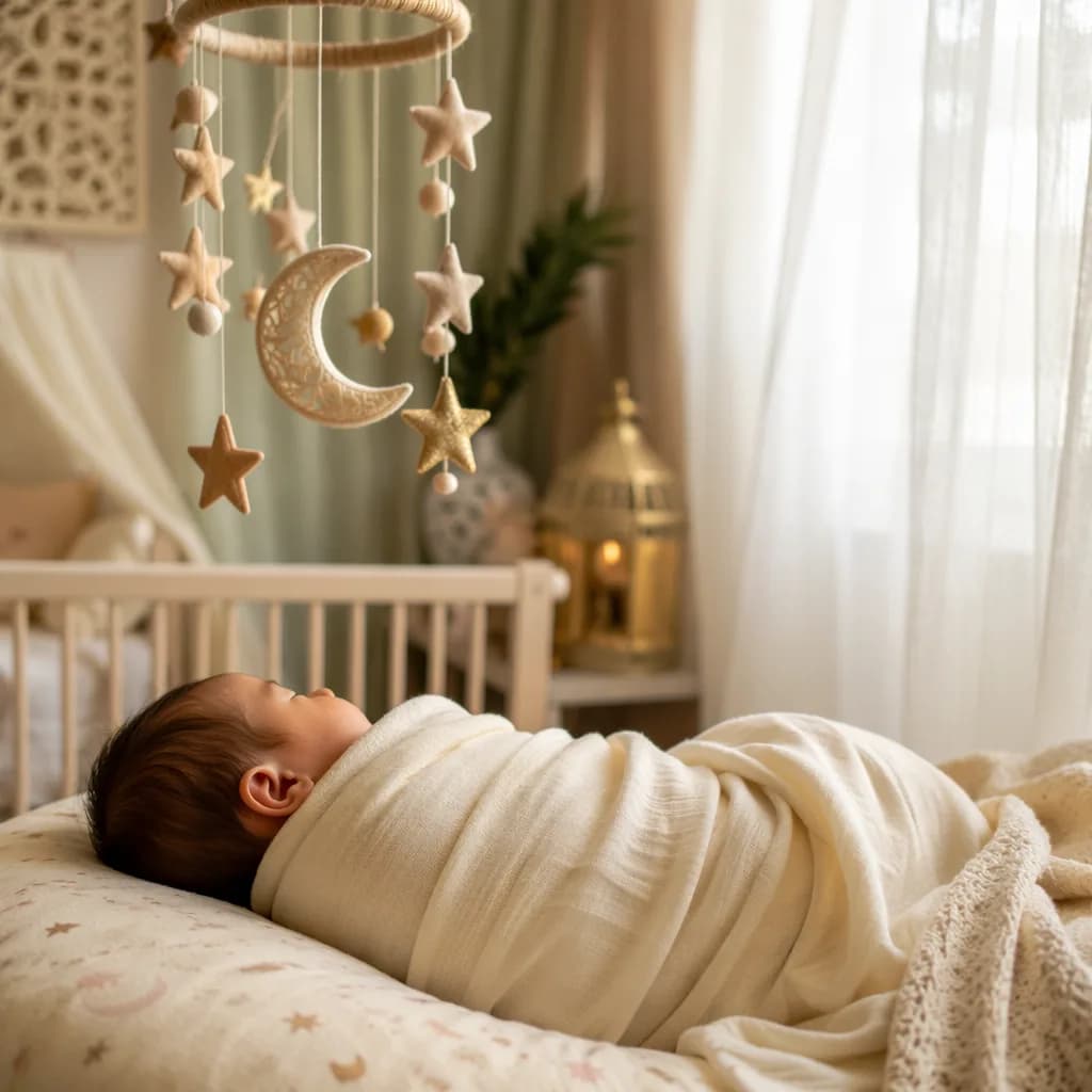 A softly lit pastel nursery with a swaddled sleeping baby and crescent star mobile.