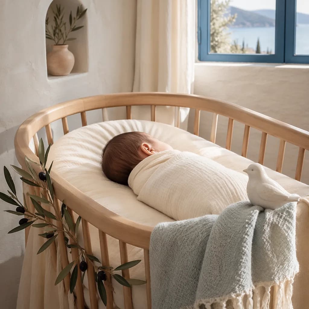 A softly lit Greek-inspired nursery with a swaddled sleeping baby, olive branches, and pastel accents.