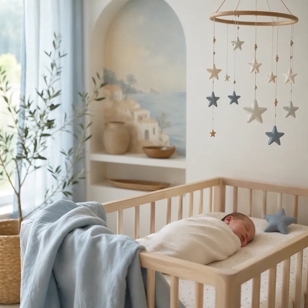 Soft pastel nursery with a sleeping baby and star mobile, inspired by the Greek name Asteria.