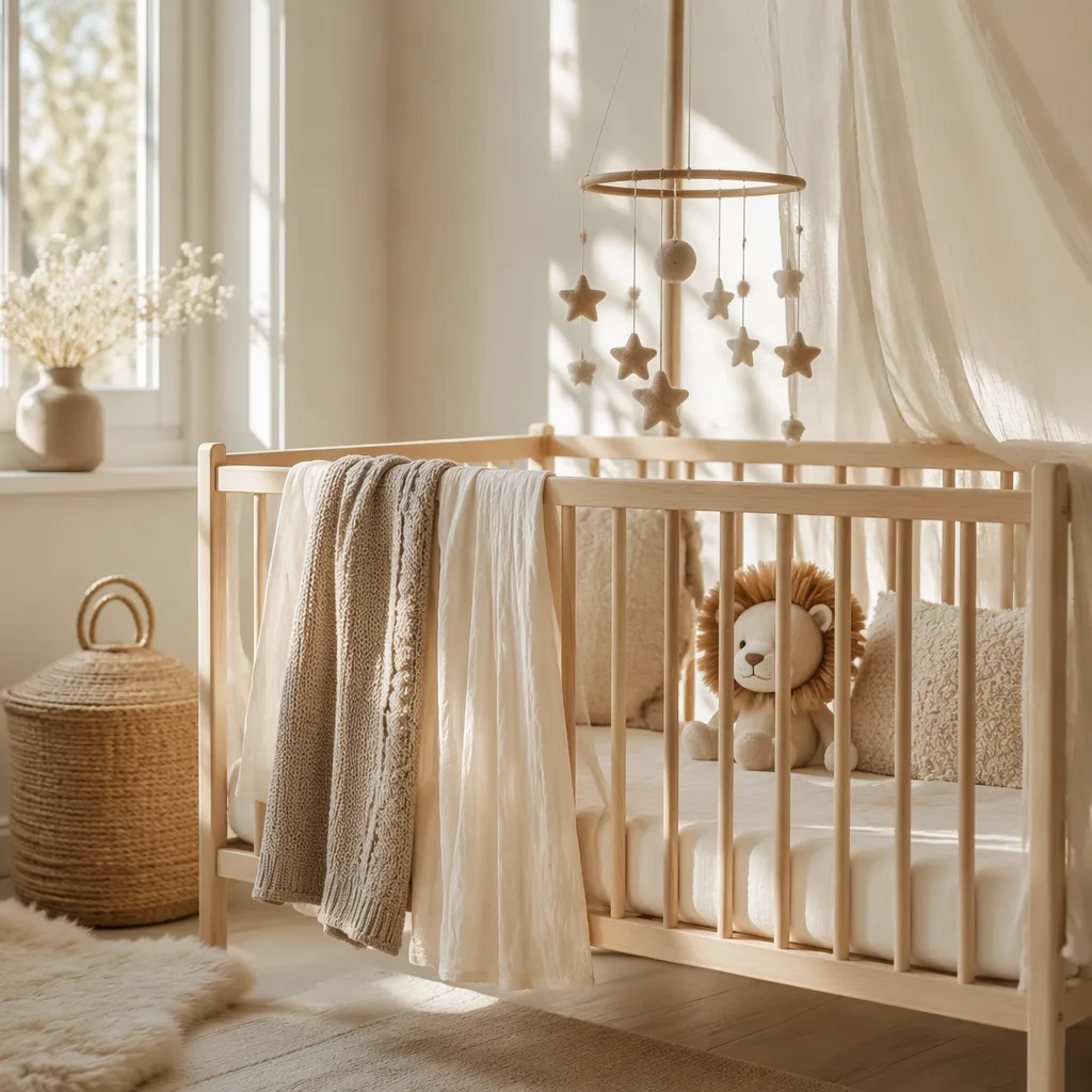Soft Scandinavian nursery with a crib, star mobile, and lion plush in gentle natural light.
