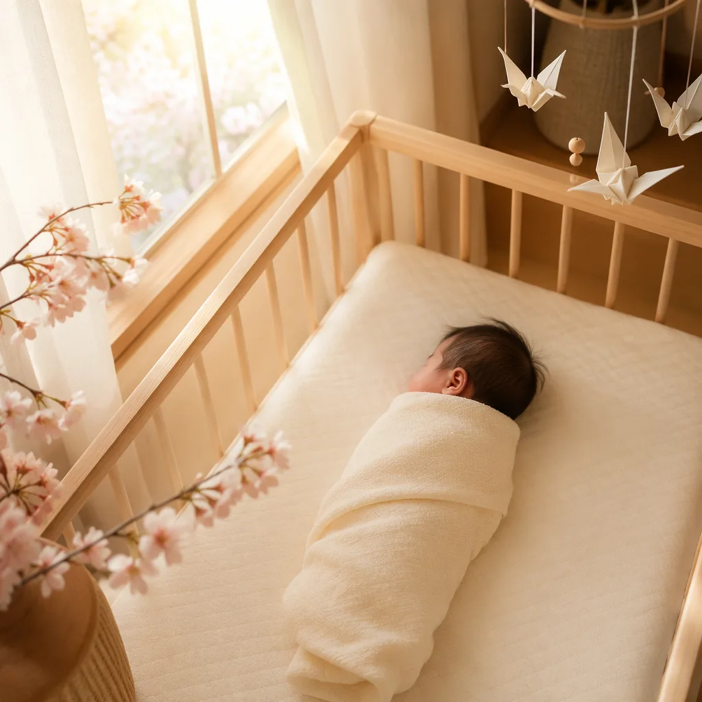 A softly lit Japanese-inspired nursery with a swaddled sleeping baby, cherry blossoms, and origami cranes.