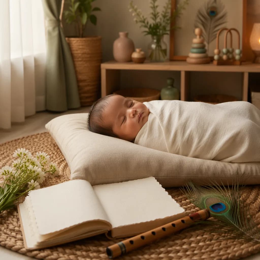 A peaceful pastel nursery with a swaddled sleeping baby and gentle heritage-inspired details.
