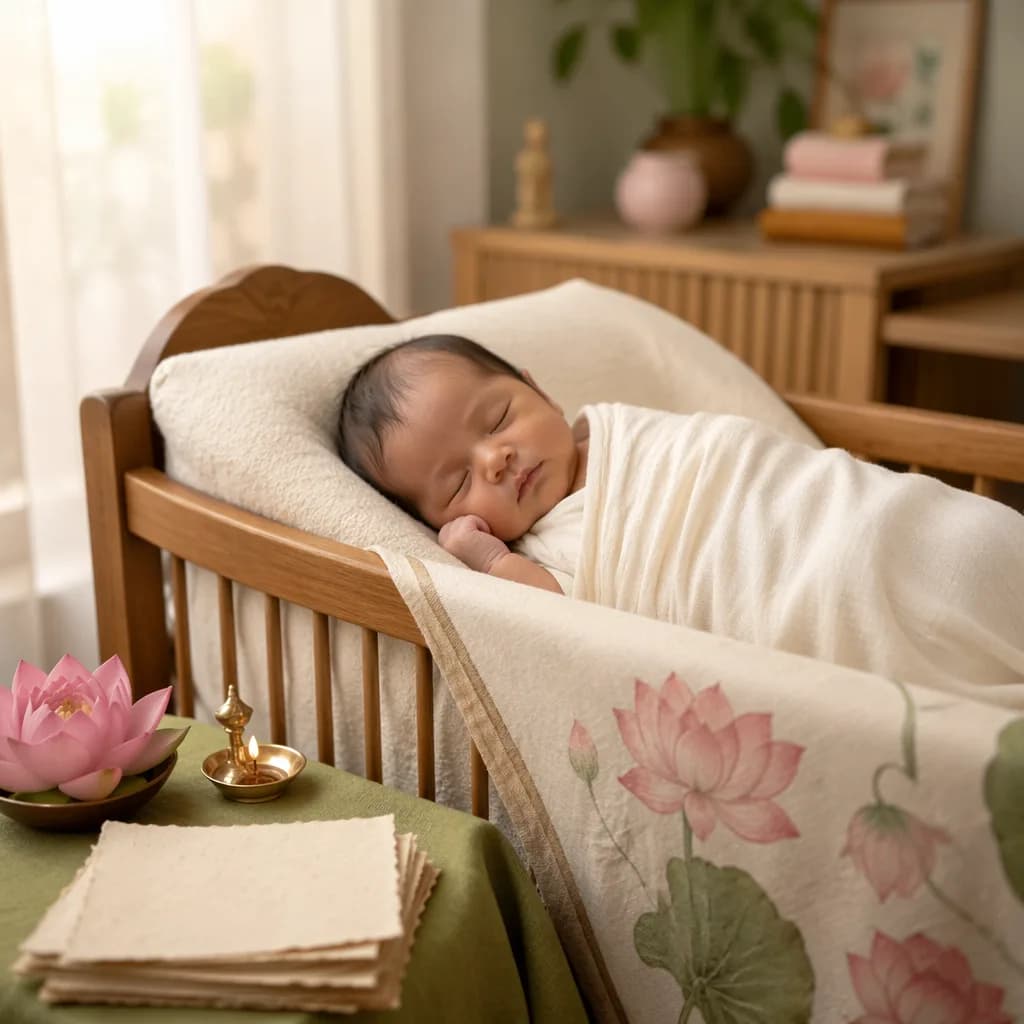 A peaceful newborn in a warm pastel nursery with lotus-inspired decor and soft natural light.
