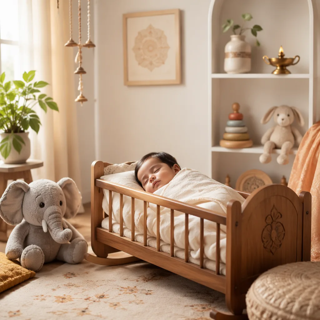 Peaceful baby nursery with soft Indian-inspired decor and a plush elephant toy.