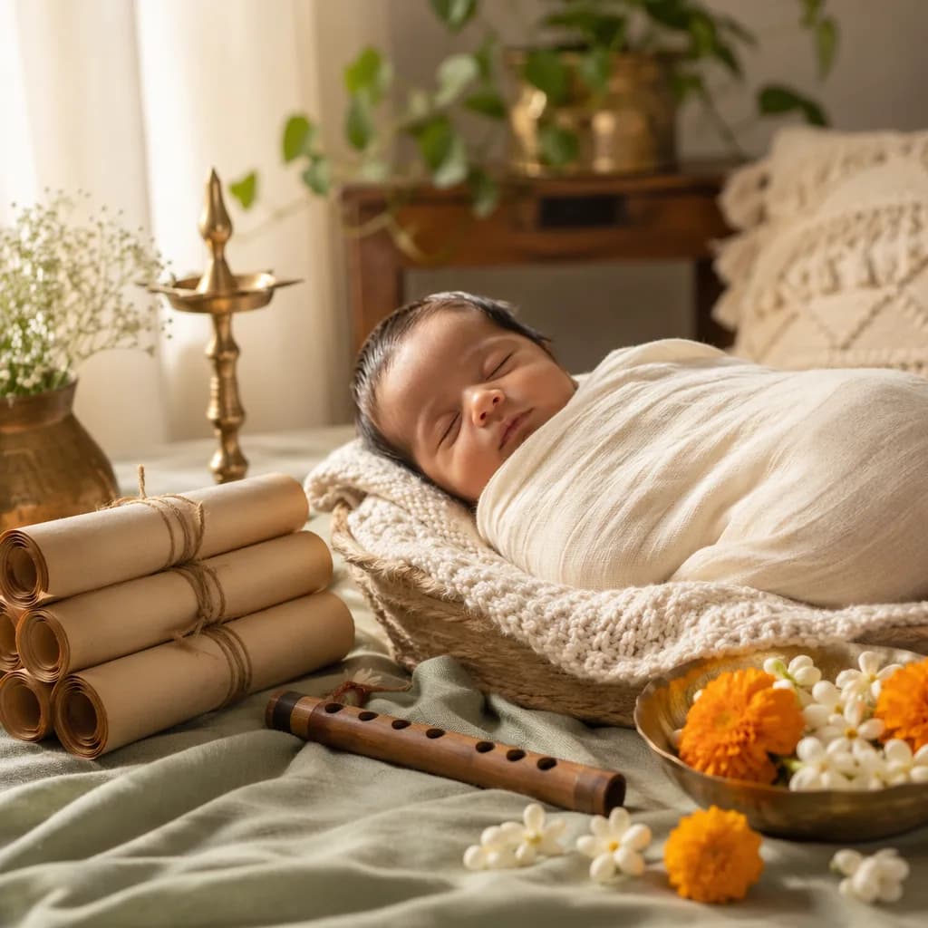 Sleeping swaddled baby in a soft Indian-inspired nursery with flowers, scrolls, and a flute.