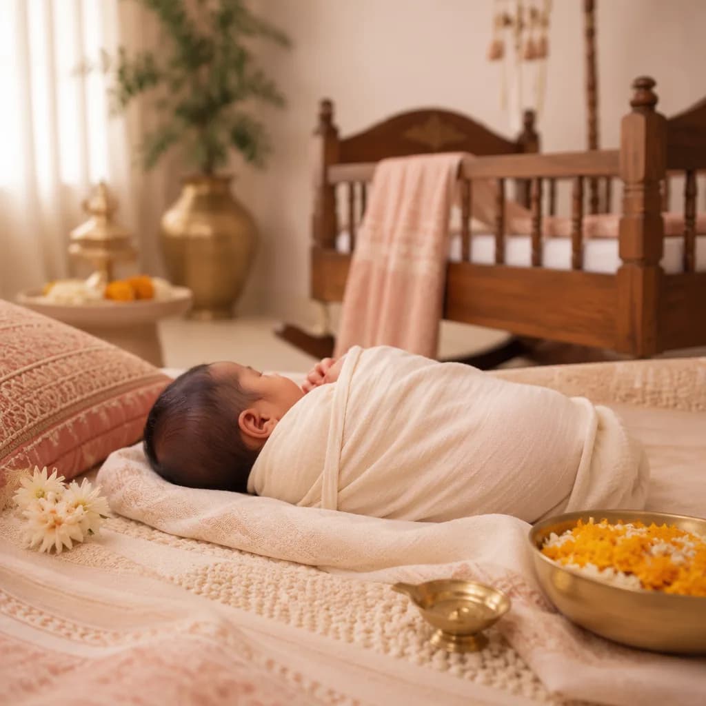 A serene newborn in a cozy pastel nursery with subtle Sanskrit-inspired decor.