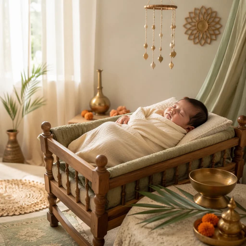 Sleeping swaddled baby in a warm pastel Indian-inspired nursery.
