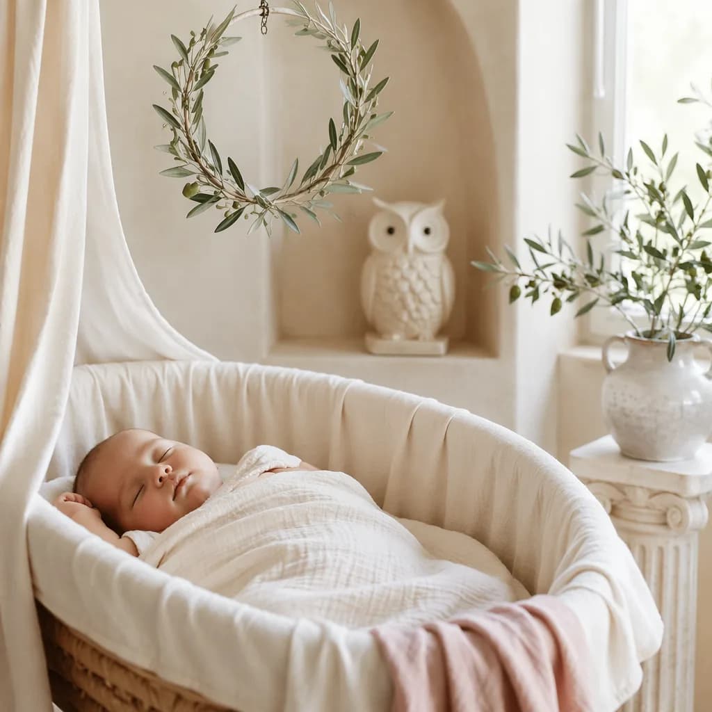 A peaceful Greek-inspired nursery with a sleeping baby, olive wreath, and owl figurine.