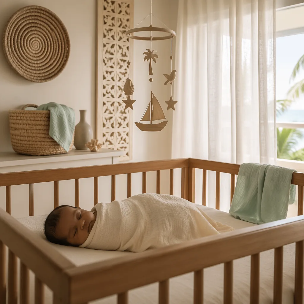 Sleeping baby in a soft Swahili-inspired nursery with warm natural light