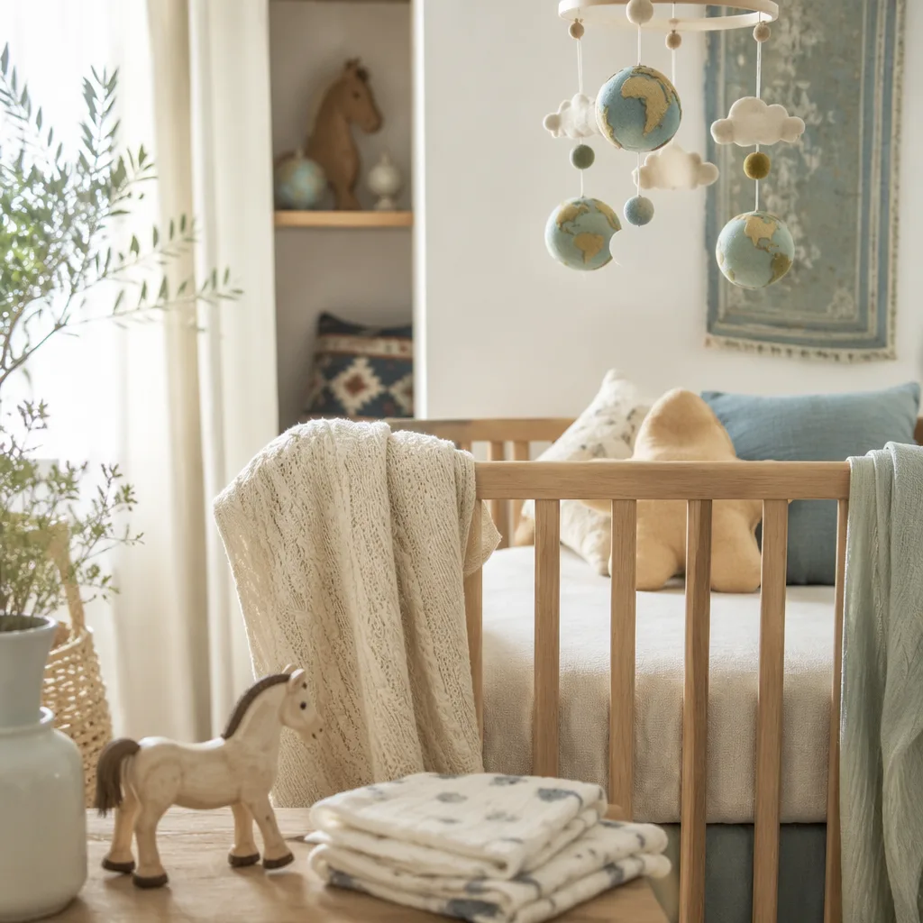 Cozy pastel nursery with a globe mobile, wooden horse toy, and soft Turkish-inspired details.