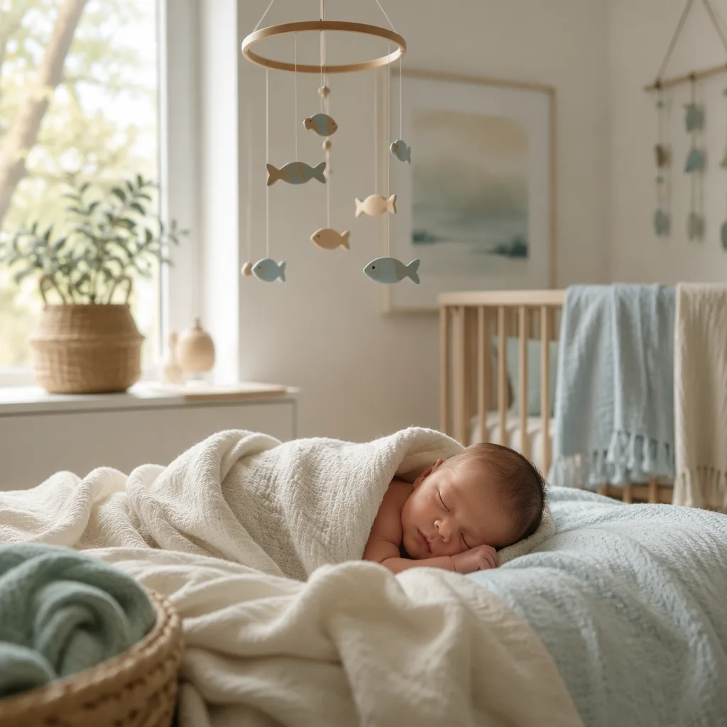 Sleeping baby in a soft pastel nursery with gentle fish and river-inspired decor.