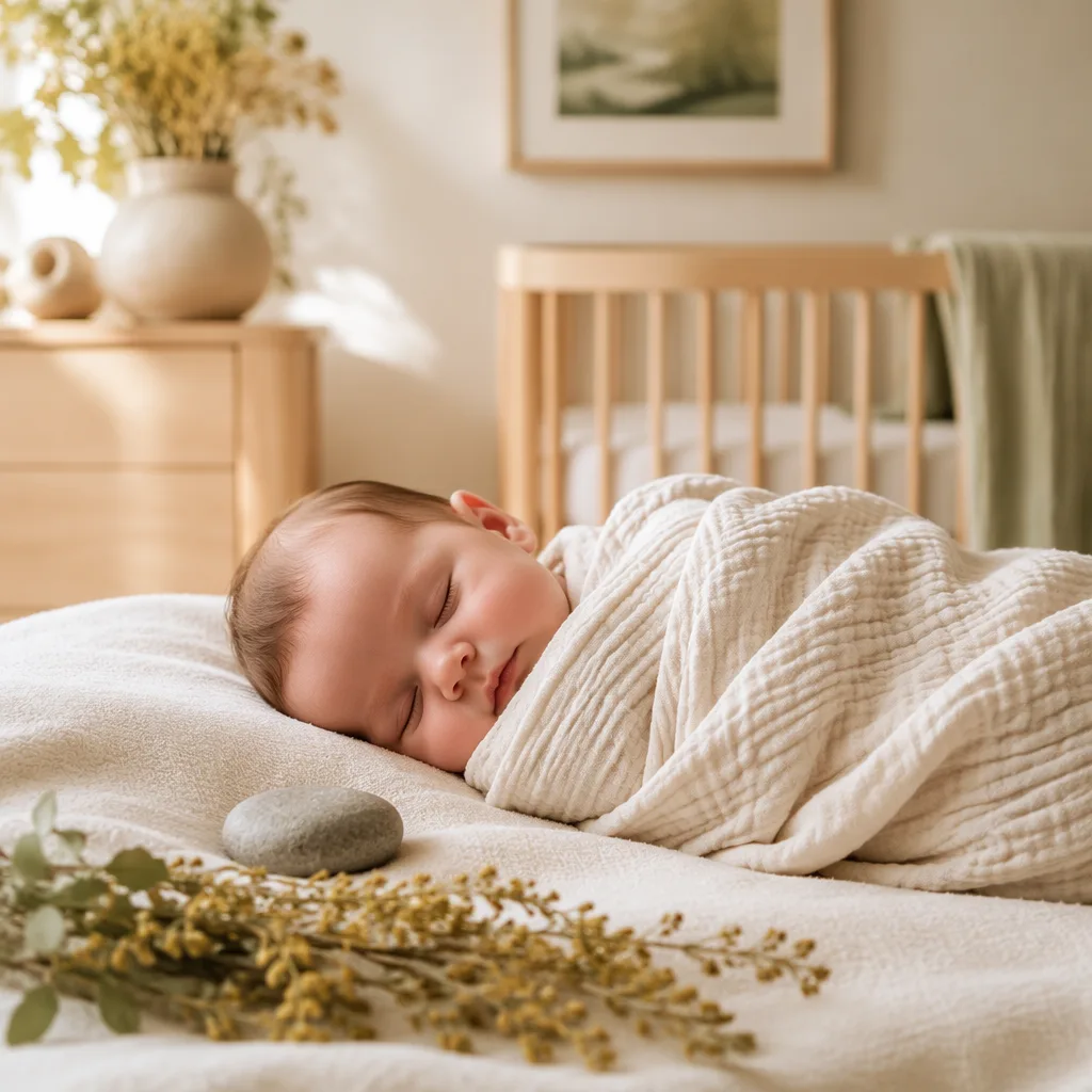 A softly lit cozy nursery with a swaddled sleeping baby and a small smooth stone.