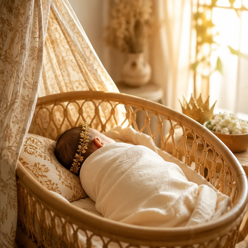 Soft Indonesian-inspired nursery with a sleeping baby in golden morning light.