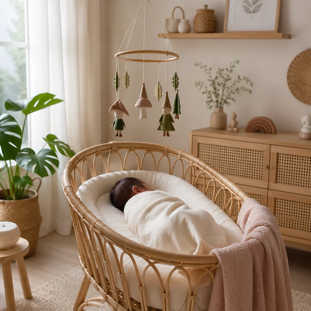 A softly lit pastel nursery with a swaddled Filipino baby resting in a rattan bassinet.