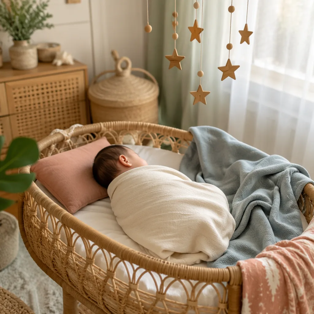 A peaceful Filipino baby in a soft pastel nursery with rattan details and ocean-blue accents.