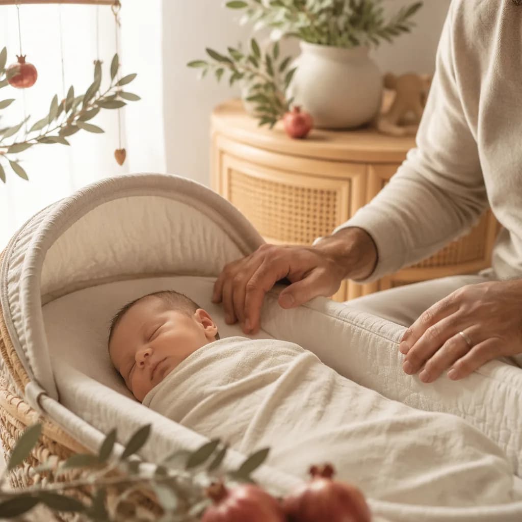 A peaceful swaddled baby in a softly lit nursery with olive and pomegranate accents.