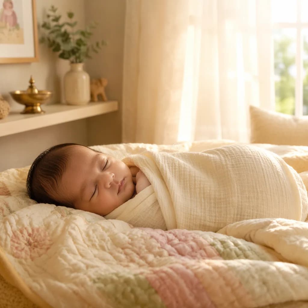 Sleeping newborn in a warm pastel Bengali-inspired nursery with soft morning light.