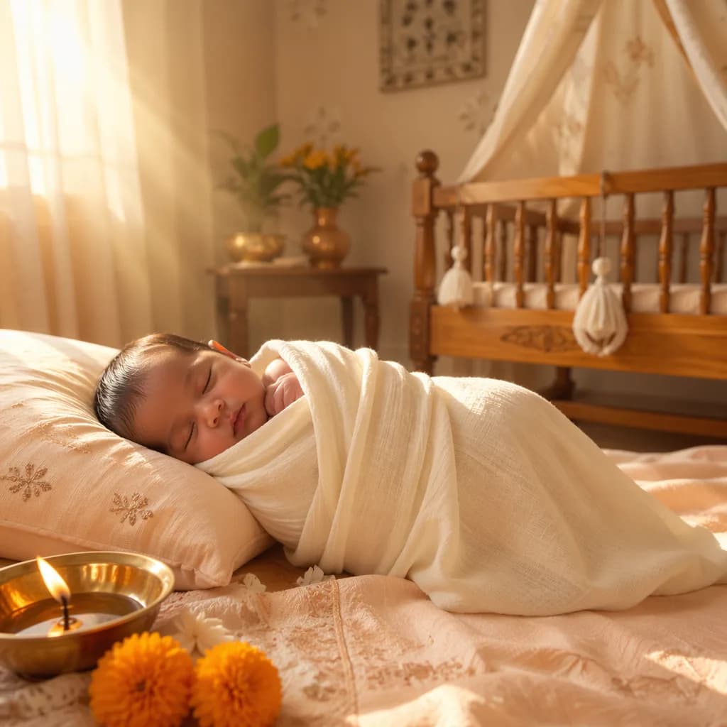Newborn in a soft pastel nursery with warm sunlight and subtle Indian-inspired decor.