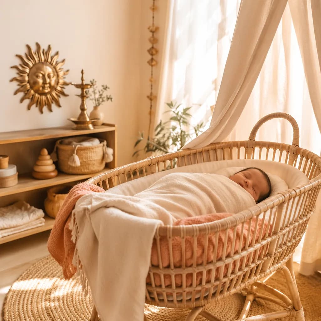 A serene pastel nursery with a swaddled baby in golden morning light.