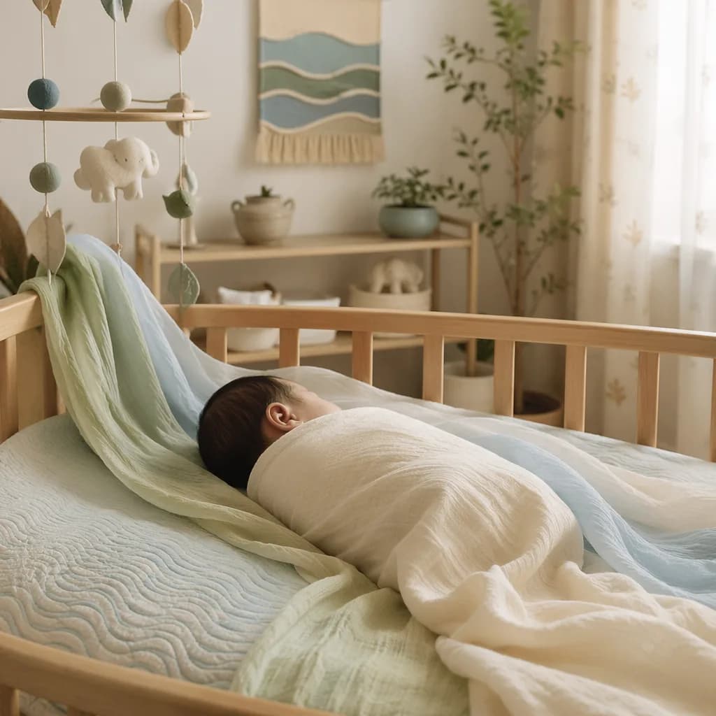 Serene pastel nursery with a swaddled baby and flowing blanket, inspired by the name Aviral.