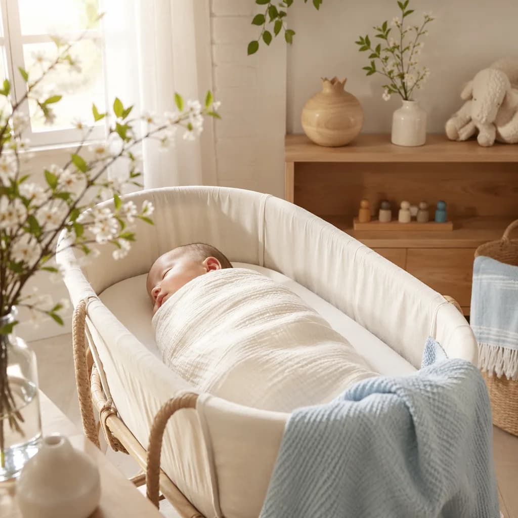 Soft pastel nursery with a sleeping swaddled baby and spring blossoms.