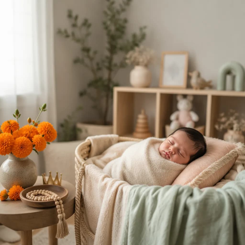 A peaceful Punjabi-inspired nursery with a swaddled baby, marigolds, beads, and a small crown keepsake.