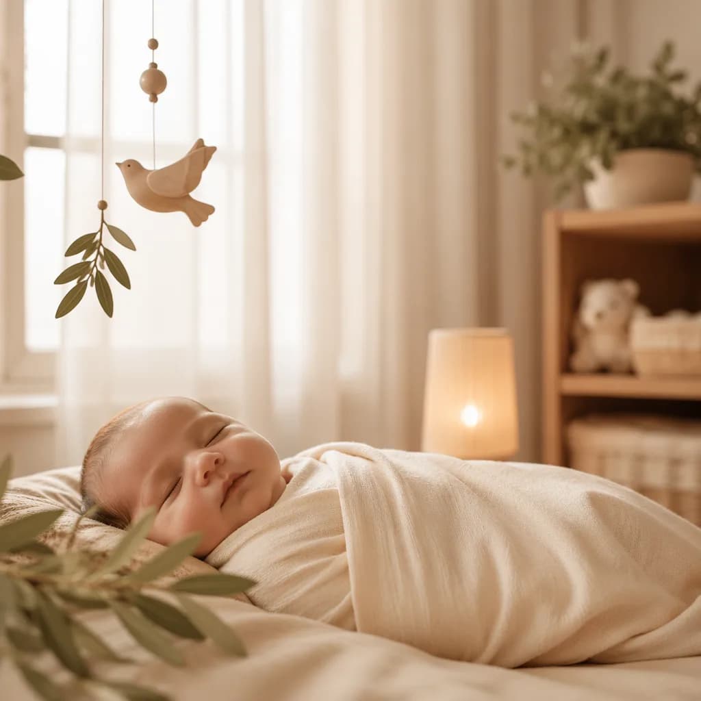Sleeping baby in a warm pastel nursery with gentle light and peaceful olive branch details.