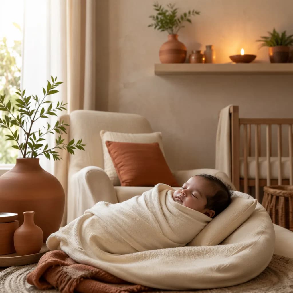 Soft pastel nursery with a swaddled baby, earthy accents, and a gentle diya glow.