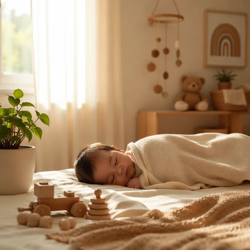 Soft pastel nursery scene with a sleeping baby, wooden toys, and earthy natural decor.
