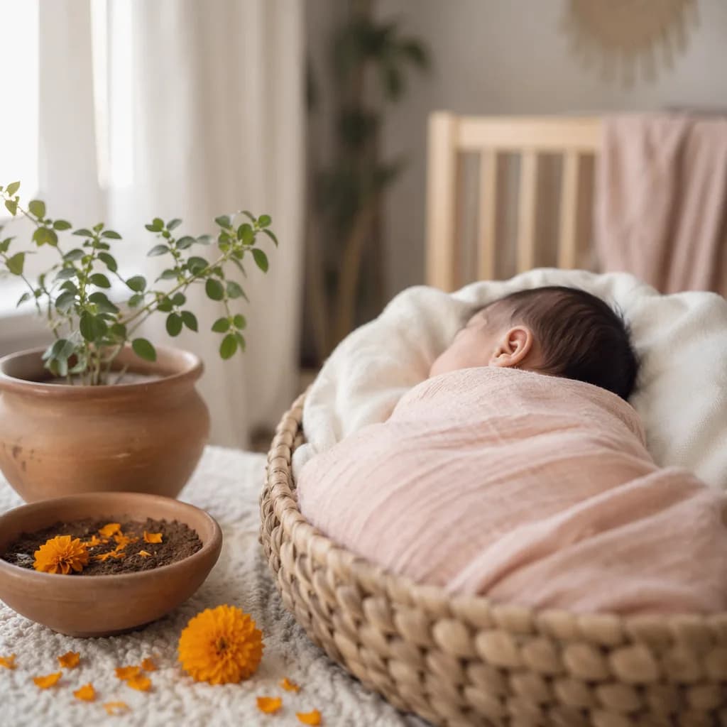 Sleeping newborn in a soft nursery with earthy decor and marigold petals.