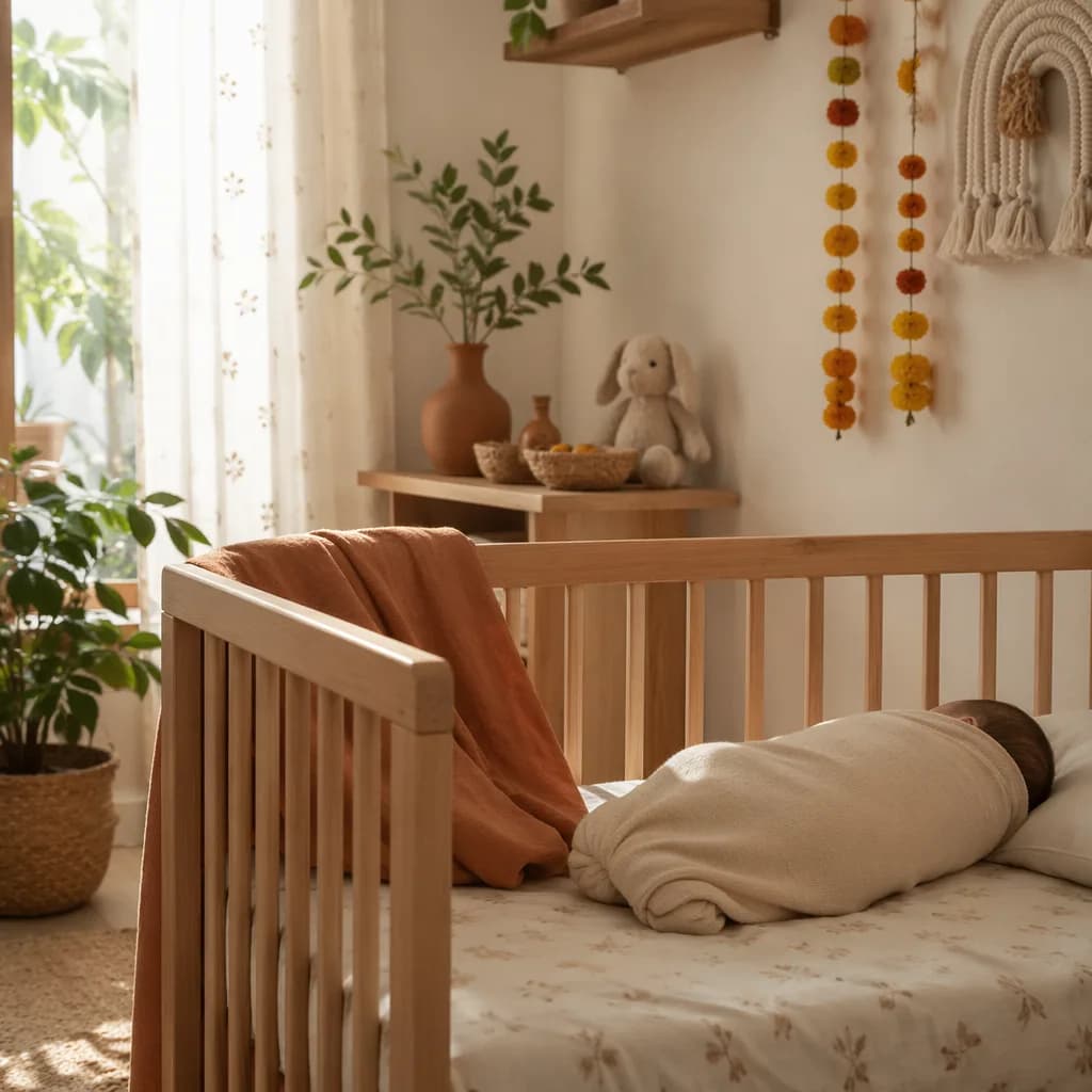 A softly lit nursery with a swaddled baby, natural wood decor, plants, and warm earth-toned accents.