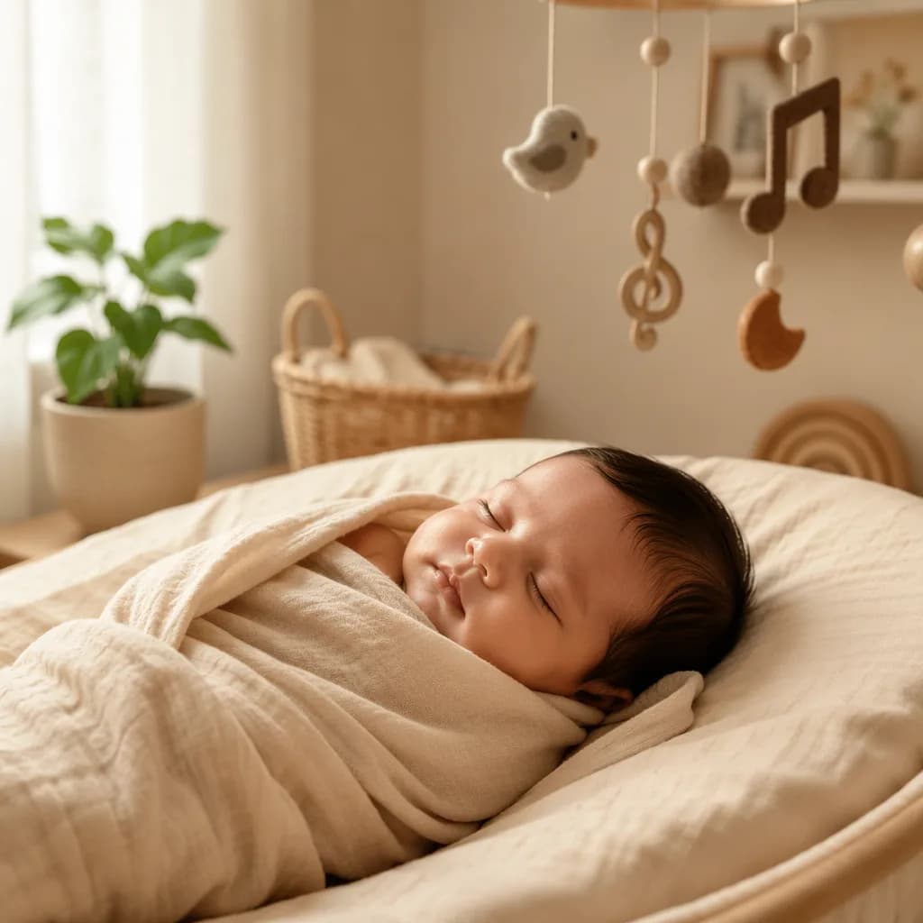 Peaceful baby in a cozy pastel nursery with earthy decor and a musical mobile.